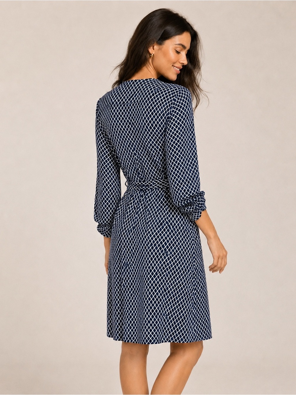 Calvin Klein Navy Diamond Print Faux Wrap Jersey Dress - Picture 2 of 5